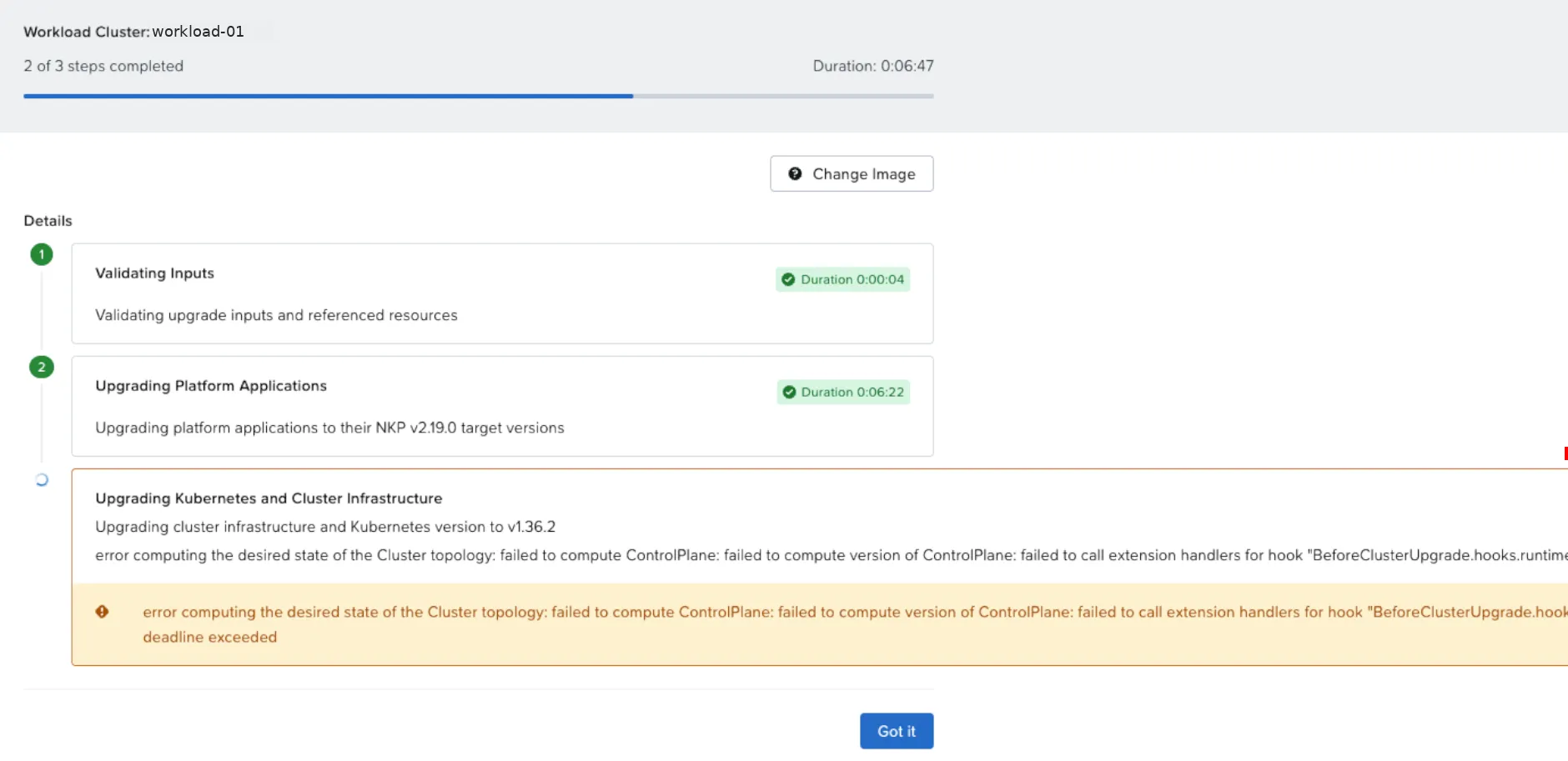 Cluster Upgrade Tracker with the first two steps complete and the third in progress, with the error "failed to call extension handlers for hook BeforeClusterUpgrade ... deadline exceeded"