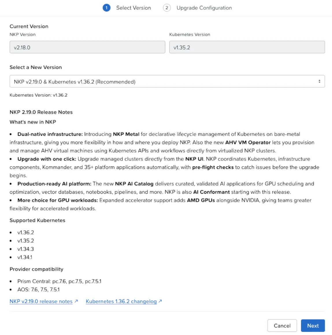 Upgrade wizard, Select Version step: current version v2.18.0 and Kubernetes v1.35.2, new version NKP v2.19.0 and Kubernetes v1.36.2 recommended, and the 2.19 release notes