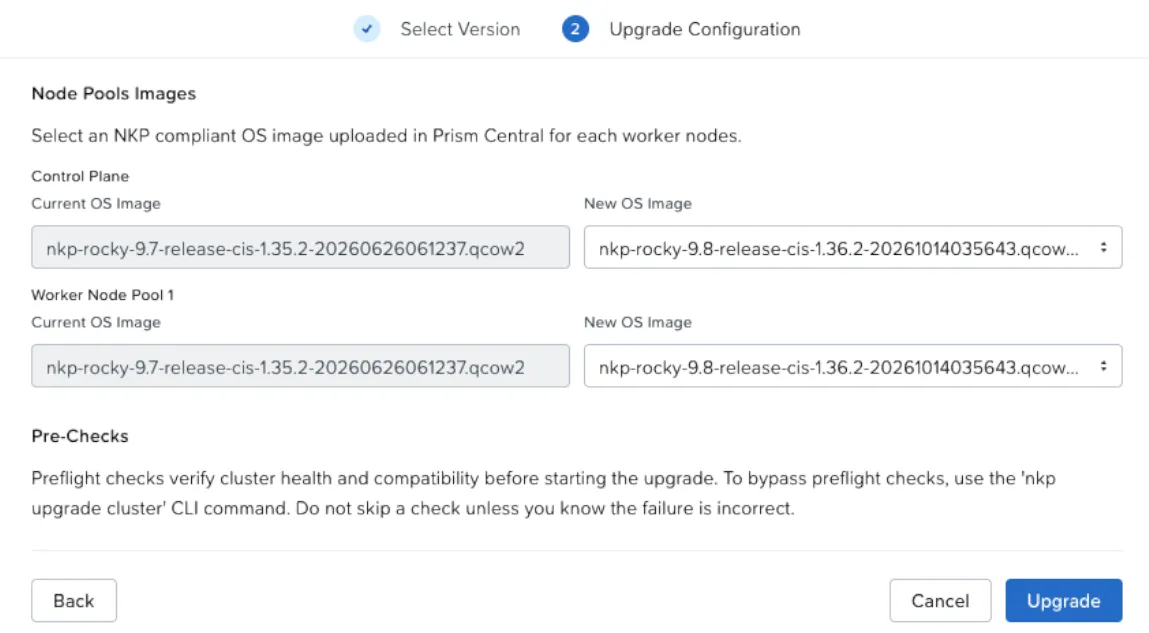 Upgrade wizard, Upgrade Configuration step: current Rocky 9.7 image and new Rocky 9.8 image for the control plane and the worker node pool, and the note about pre-checks