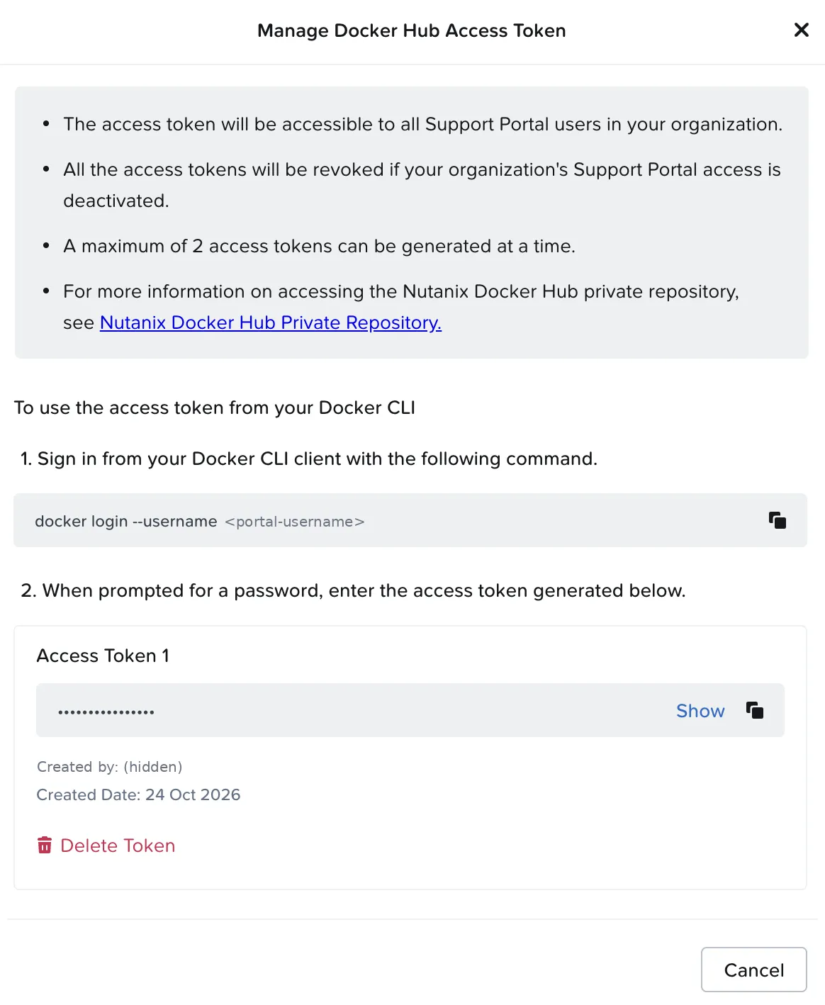 Manage Docker Hub Access Token dialog: token rules, the docker login command and the generated token (registry username and author hidden)