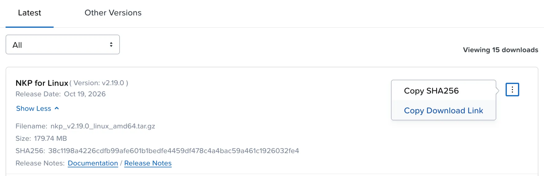 Item NKP for Linux v2.19.0 no portal da Nutanix, com nome do arquivo, tamanho, SHA256 e o menu com Copy SHA256 e Copy Download Link