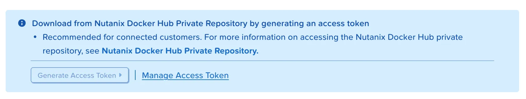 Página de downloads do NKP no portal da Nutanix, com a opção de gerar o token de acesso ao repositório privado no Docker Hub