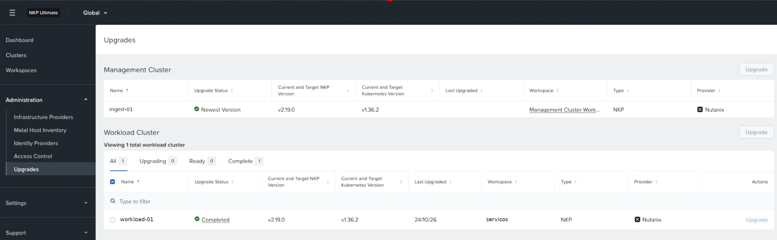 Administration, Upgrades screen: the management cluster as Newest Version and the workload cluster as Completed, both on NKP v2.19.0 and Kubernetes v1.36.2
